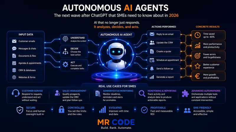 Illustration of an autonomous AI agent orchestrating several business tasks