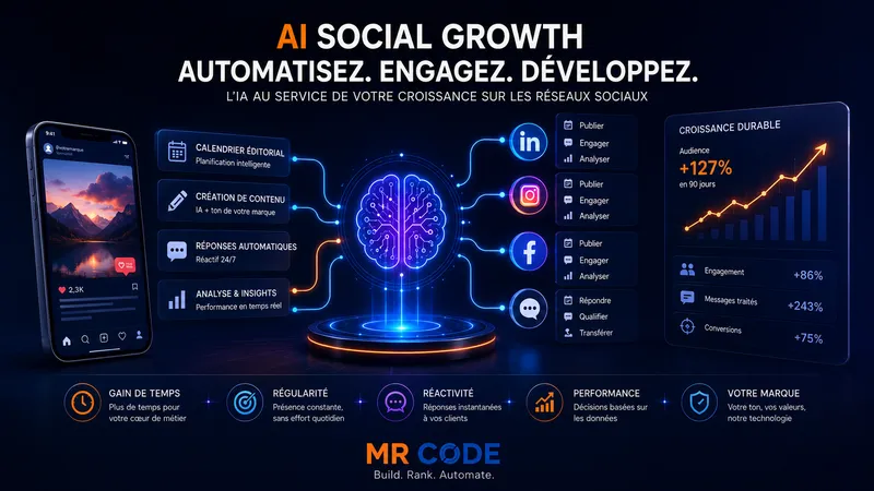 Illustration représentant l'automatisation de la gestion des réseaux sociaux par l'intelligence artificielle