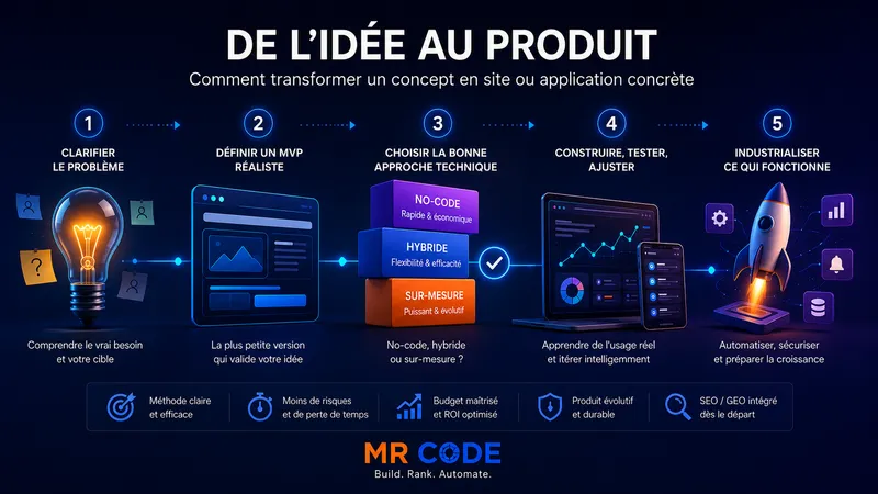 Illustration du parcours allant d'une idée à un produit numérique fini