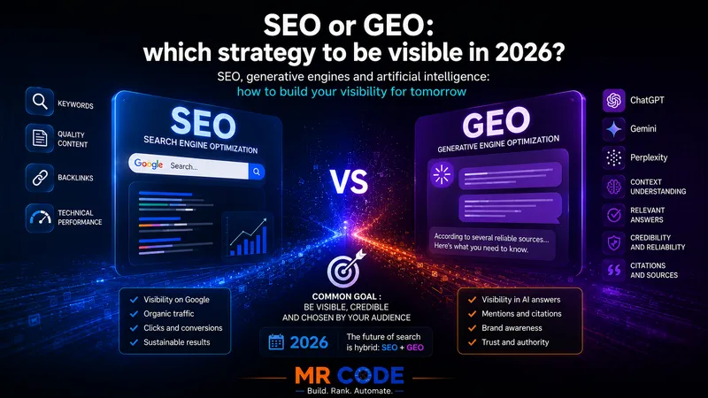 Illustration comparing SEO and GEO strategies for online visibility in 2026