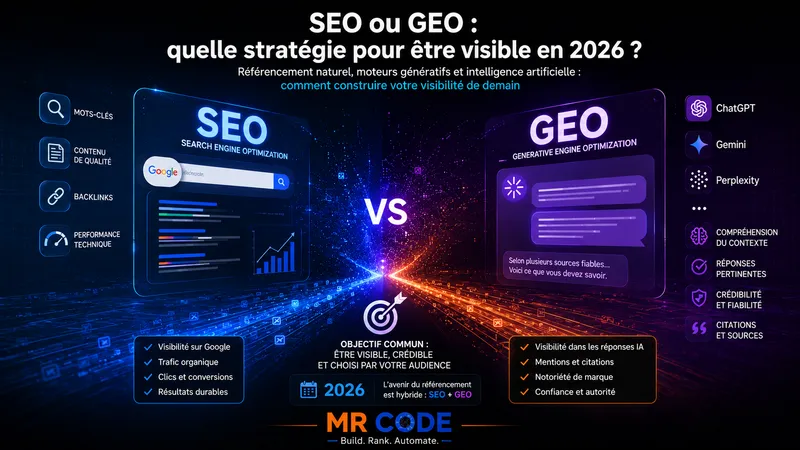 Illustration comparant les stratégies SEO et GEO pour la visibilité en ligne en 2026